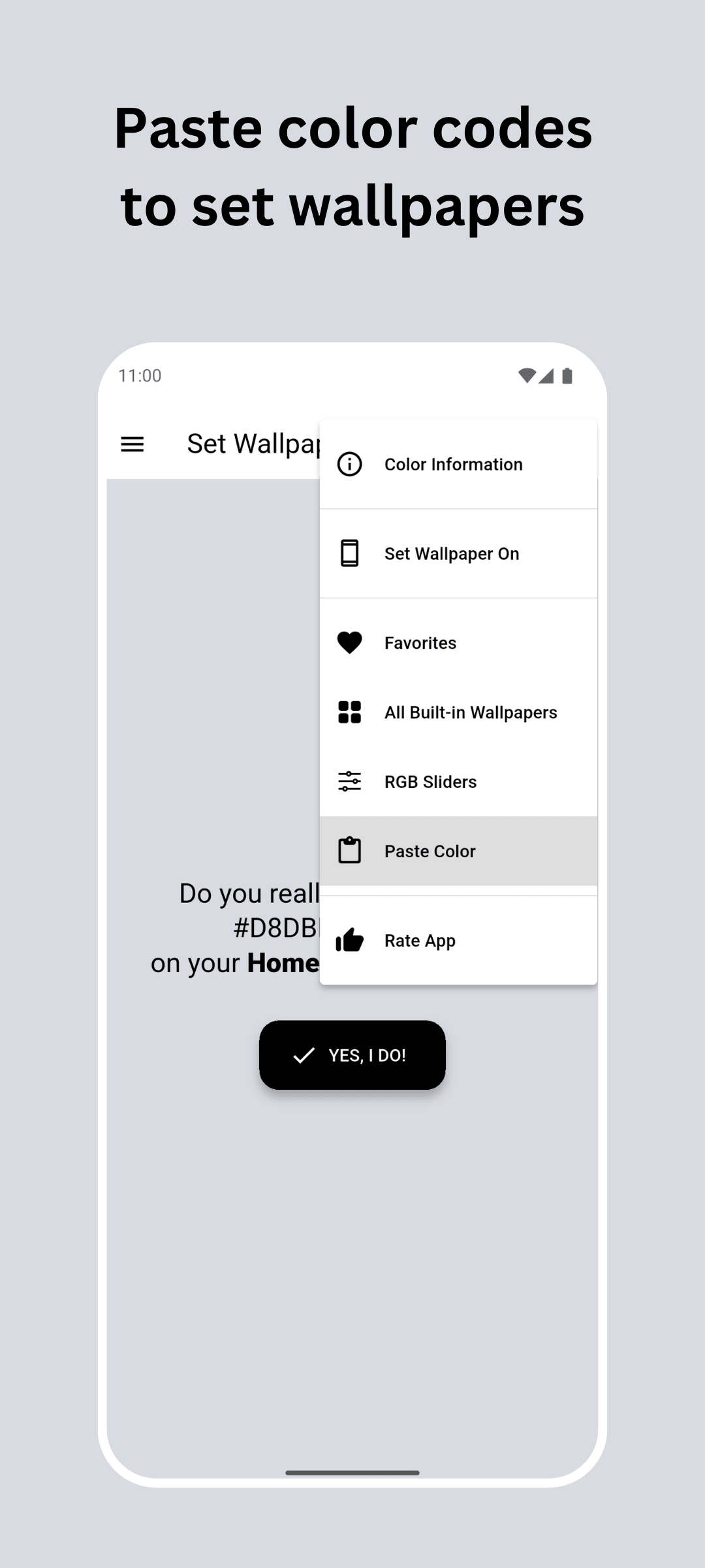 RGB Color Wallpaper Pro Android Screenshot: Paste color codes to set wallpapers