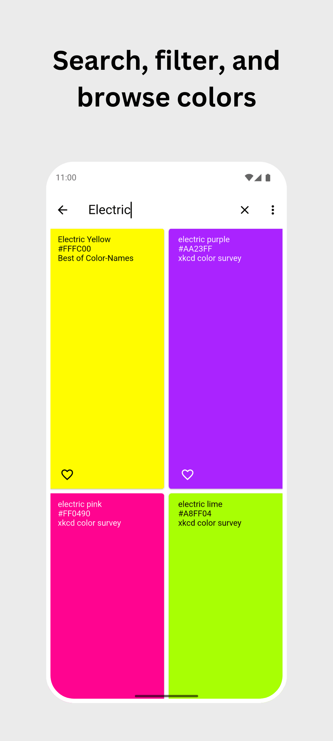 RGB Color Wallpaper Pro Android Screenshot: Search, filter, and browse colors